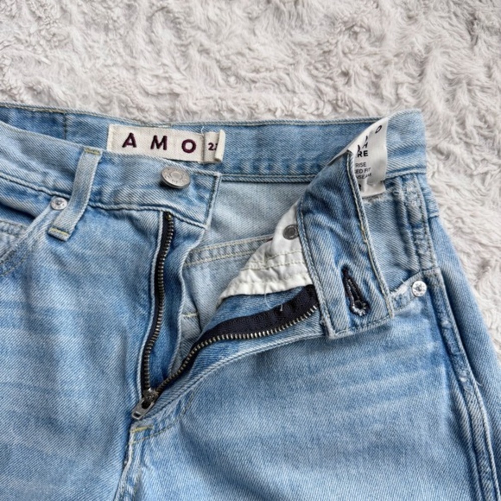 AMO Faith Flare Jeans‎ Light Wash Distressed Ripped Knee Relaxed Fit Mid Rise 23 - Picture 6 of 13